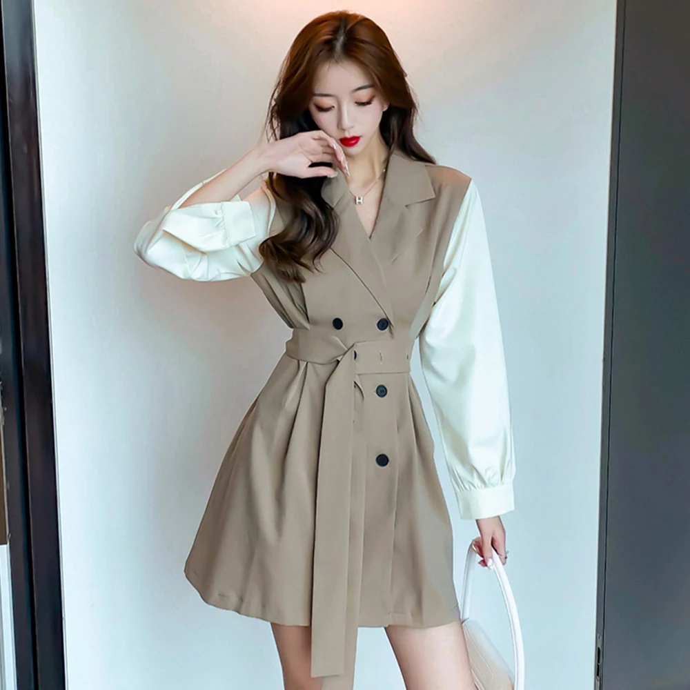 

Women's Autumn Dress Casual Fashion Sweet Lady Style Contrast Color Stitching Suit Tie Tie Decoration Waist Thin Temperament