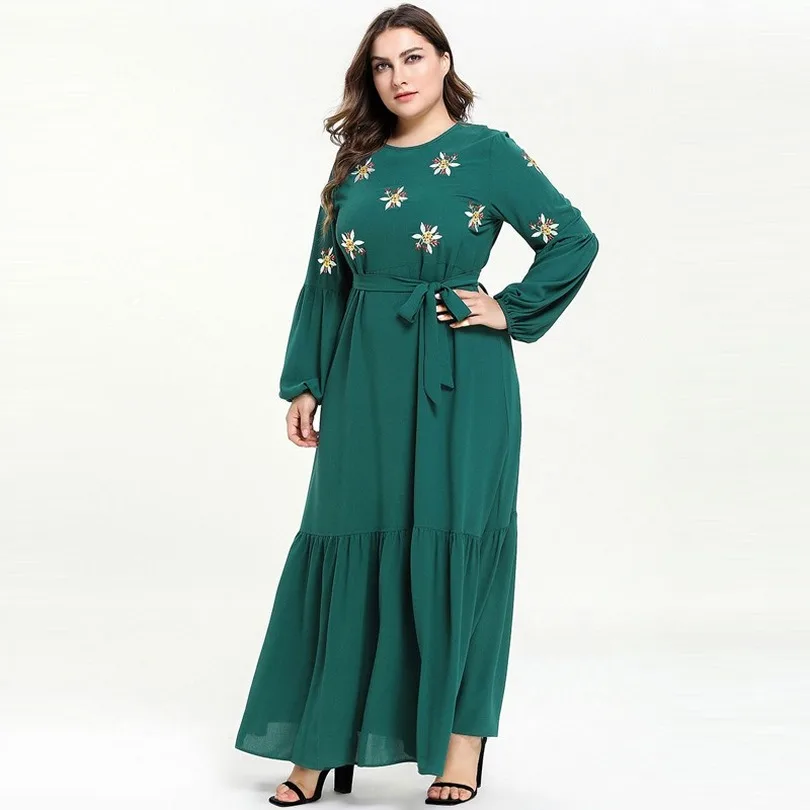 Quality Big Size Women Green Floral Embroidery Pleated Maxi Dress Long Lantern Sleeve Boho Belted Dresses Muslim Abaya 4XL |