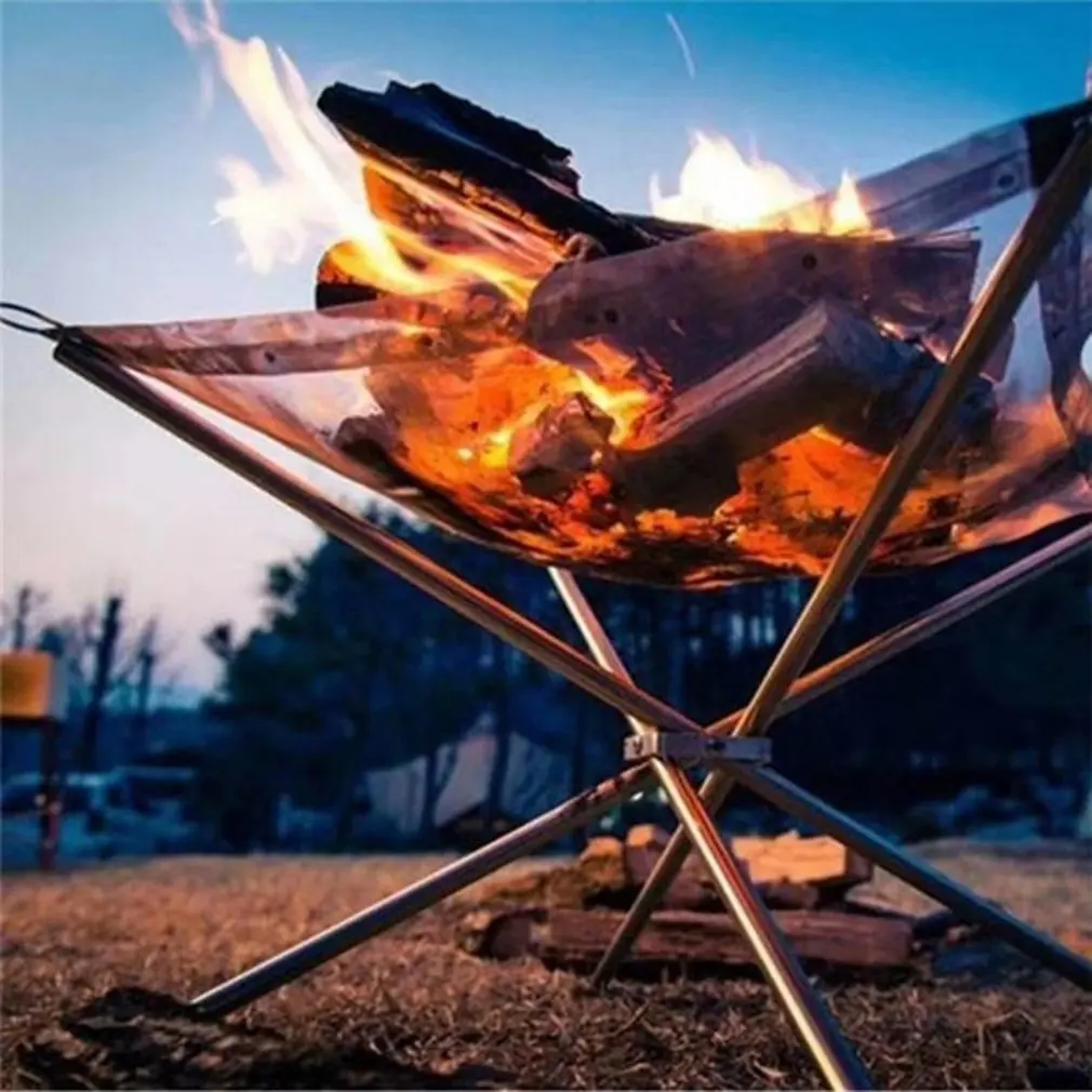 

Portable Outdoor Fire Pit Camping Stainless Steel Mesh Fireplace Foldable for Outdoor Patio