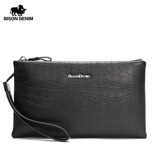 Bison Denim Large Capacity Men Wallet Black Genuine Leather Clutch Phone Purse Zipper Card Holder Wallet Male bags