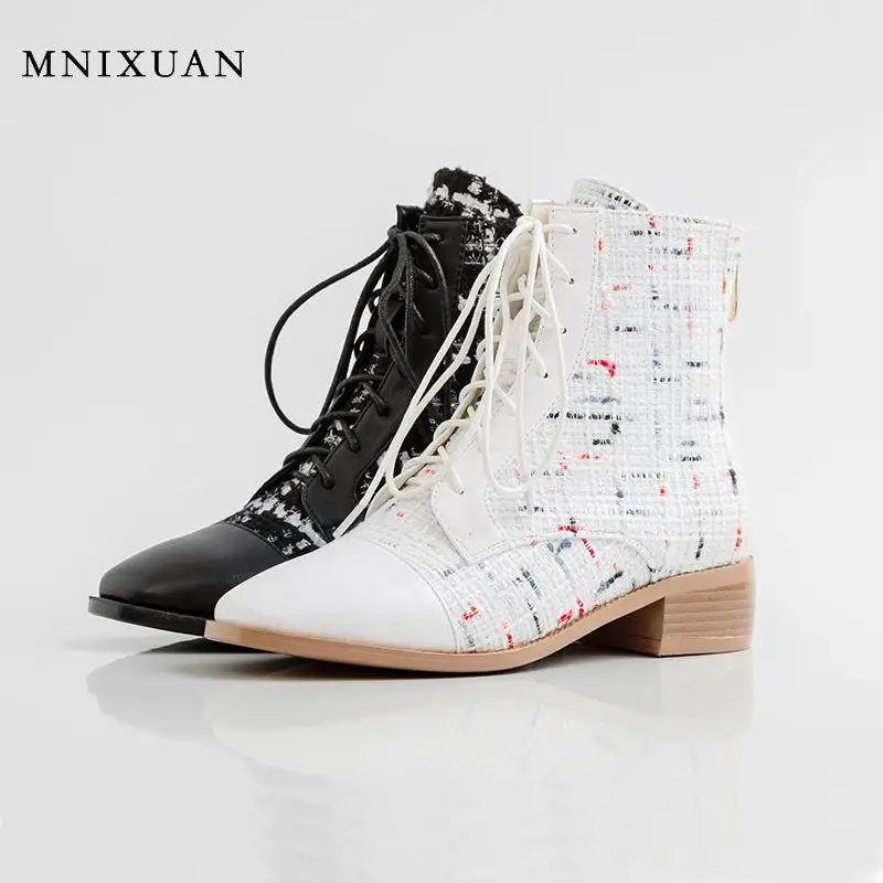 

MNIXUAN Handmade fashion women shoes ankle boots 2019 autumn new square toe lace up block heels short martin boots plus size 42