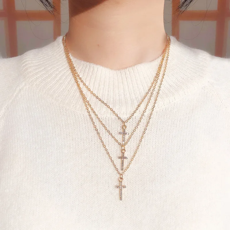 

100pcs / lot new jewelry multi-layer cross necklace woman exquisite full of drill retro three-layer collarbone chain