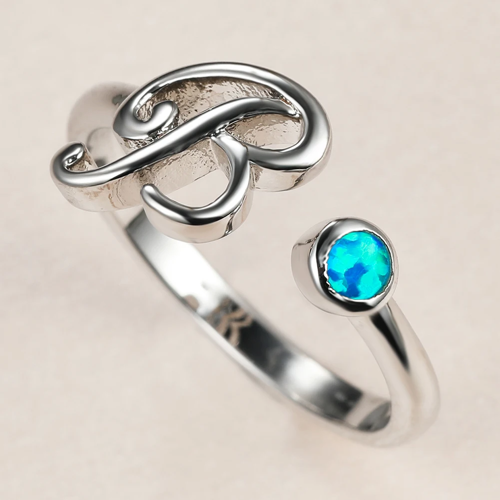 

Dainty Female Letter B Open Ring Charm Silver Color Thin Wedding Rings For Women Cute Bride Blue Round Opal Engagement Ring