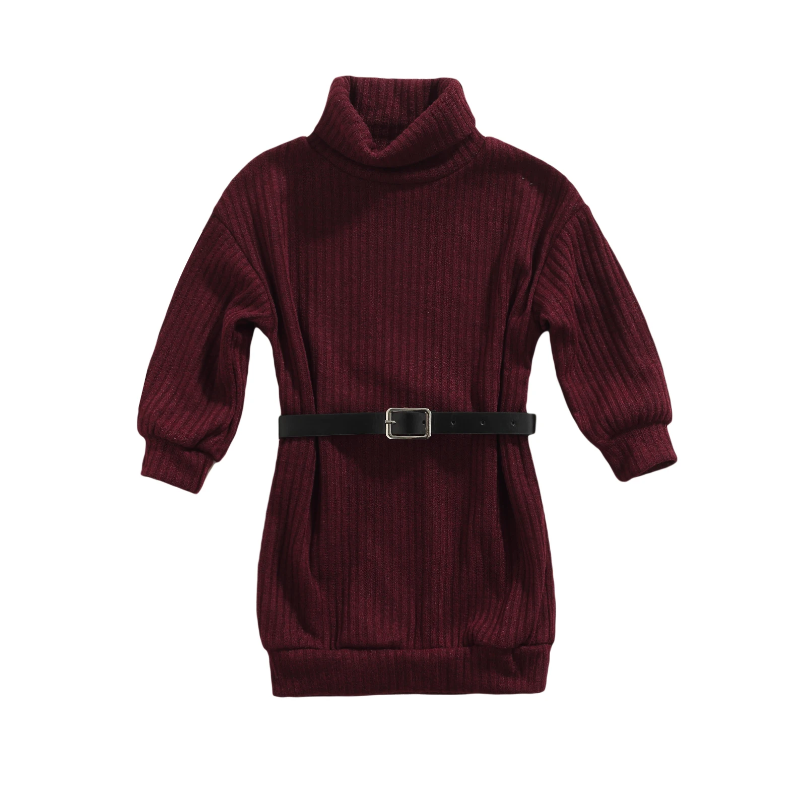 

2021 Autumn Kids Casual Dress Solid Color Knitted High-Neck Long Sleeves Loose Skirt with Waist Belt for Little Girls, 2-7 Years