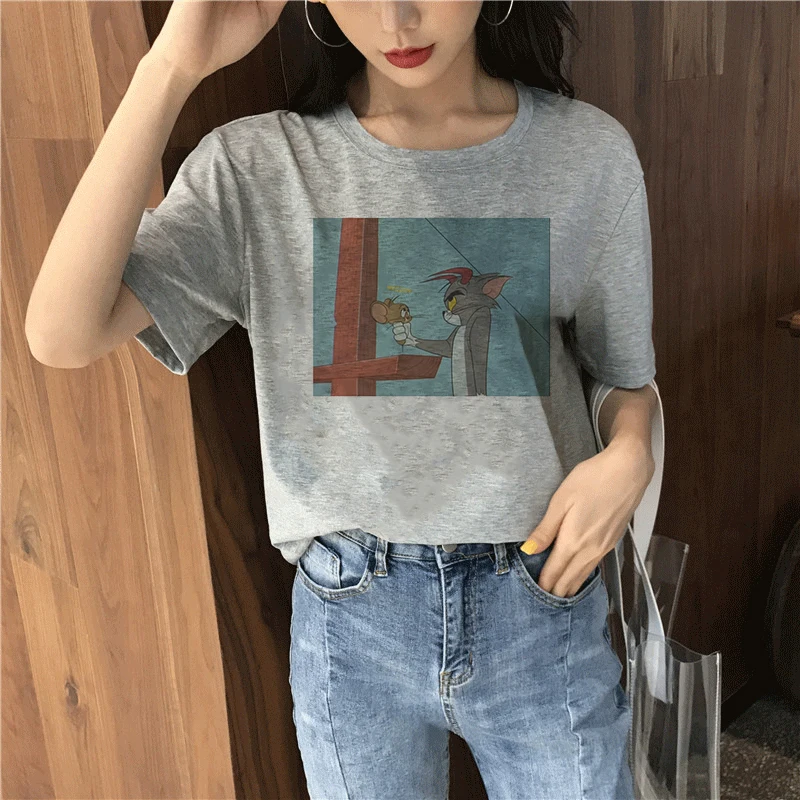 Лето 2020 новая футболка Ulzzang Harajuku забавная Футболка с принтом Том кот и Джерри