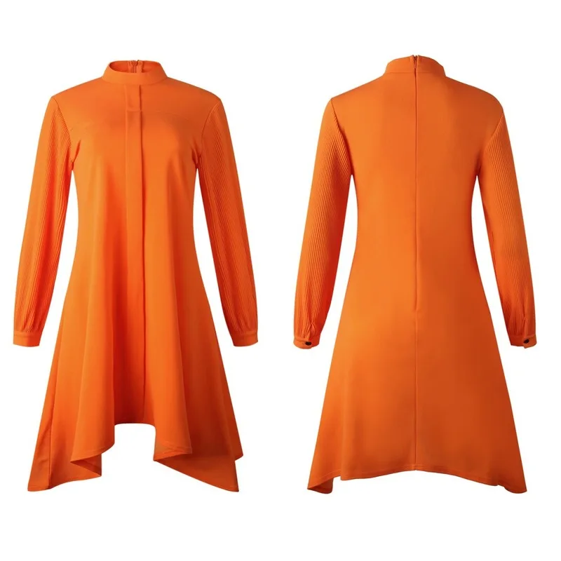 

2020 Spring Dresss Office Lady Cotton Asymmetrical Solid Mid-Calf Full Women Dresses Africa Clothing O-Neck Party Night Dresses