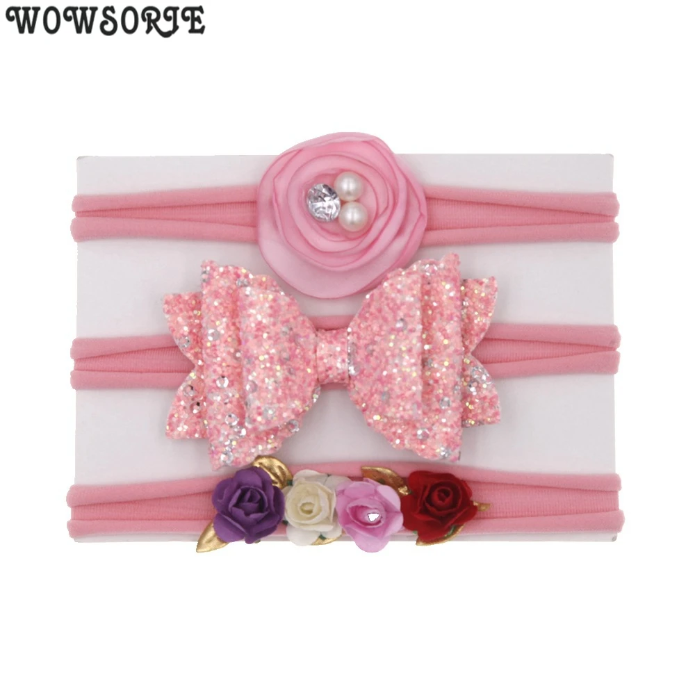

Baby headband Nylon Headbands Girl suit sequins hair Bows florets pearl hair band headwear children Hair Accessories 3pcs/lot