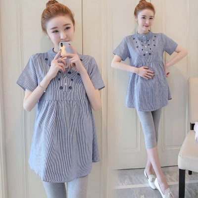 

Embroidery Striped Ties Waist Maternity Blouses 2020 Spring Autumn Fashion Shirts Clothes for Pregnant Women Pregnancy Tops