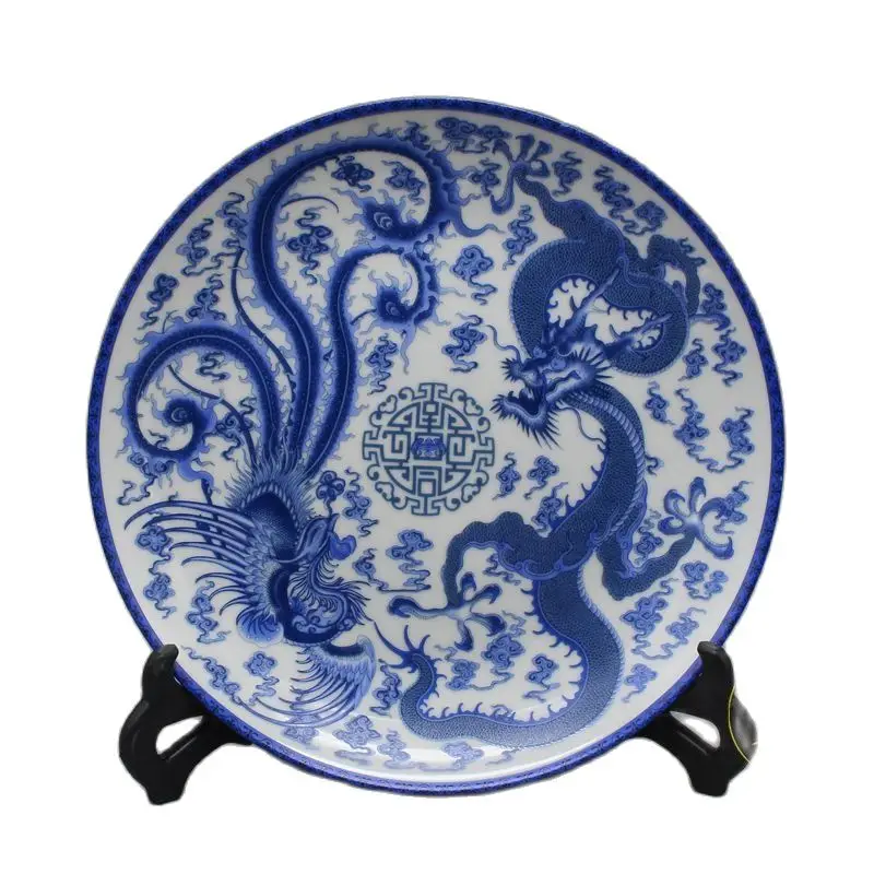 

Jingdezhen blue and white porcelain famille rose ceramic antique collection Phoenix plate living room decorative seat plate