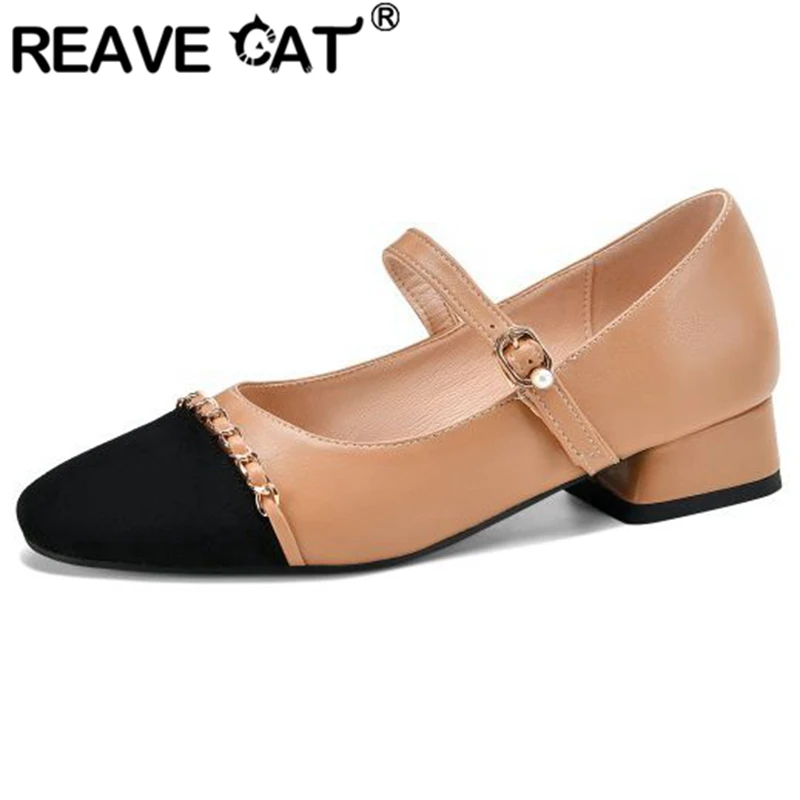 

REAVE CAT Ladies Shoes Pumps Round Toe Block Heels Buckle Strap Chain Sweet Women Big Size 31-43 Black Beige Spring Casual S3045