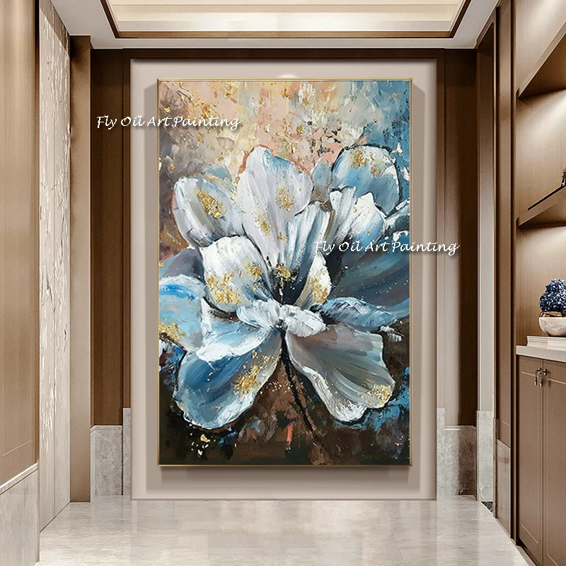 

Ручная роспись Золотая фольга абстрактная природа масляная живопись искусство на холсте синие цветы картины серый коридор картина домашний декор