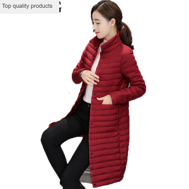 Женское осеннее красное пальто ультра светильник пуховик на утином пуху длинное