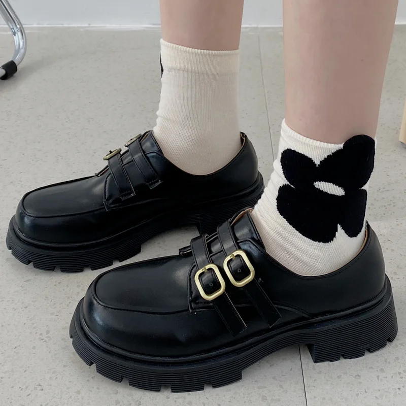 

Женские туфли на плоской платформе, повседневные туфли в стиле панк с круглым носком, двойной пряжкой и квадратным каблуком, осень 2022