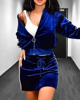 feminine sexy elegant 2 piece zipper design long sleeve top and tunic skirt suit for ladies street style two piece set women