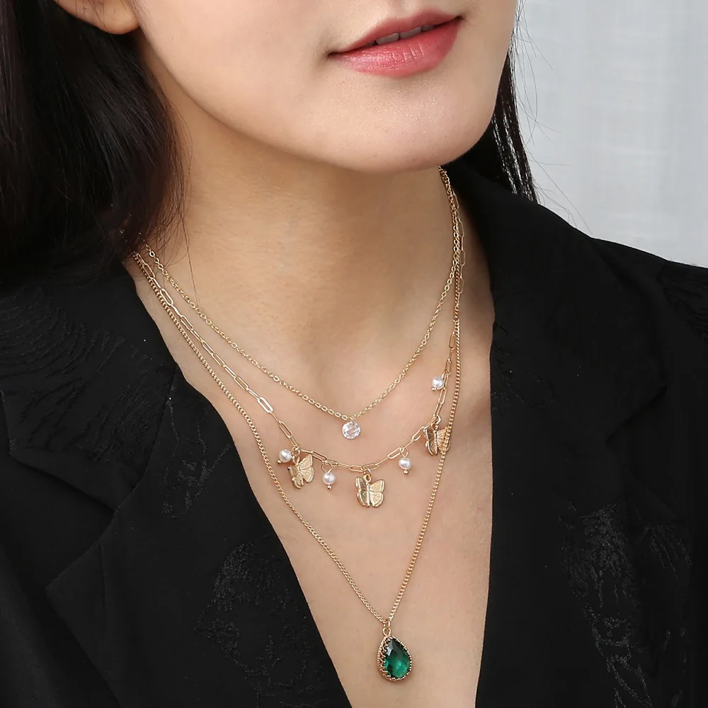 

Модное Новое ожерелье с бабочкой, Модное Элегантное Изысканное многослойное ожерелье с изумрудом и каплями воды из циркония для женщин