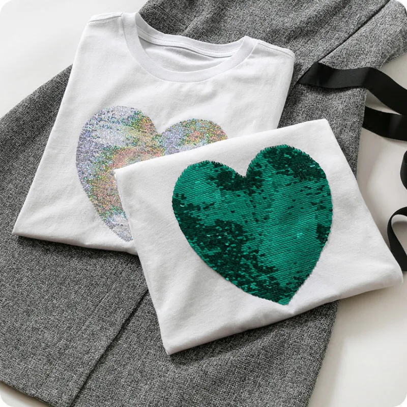 

Green Heart shape Sequins Embroidered Cotton Tees Reversible O-Neck Beading T-Shirts magical color changing Discoloration Tops