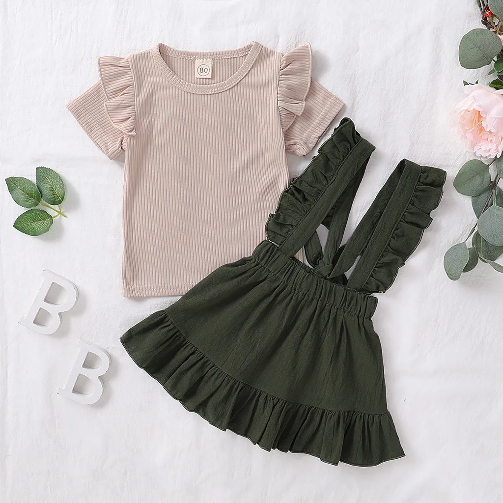 toddler baby set girl fashion summer outfits Solid T-shirt Tops+Ruffle Suspender Skirts Outfits Sets vestiti bambino t5 | Мать и ребенок