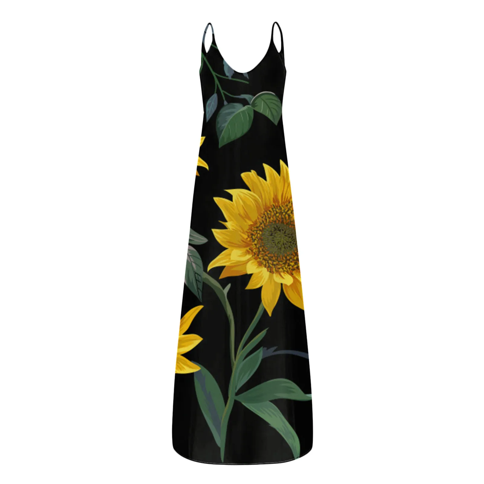 

Summer Loose Long Dress Woman Sunflower O-neck Flower Print Sleeveless Plus Size Pullover Maxi Dresses Robe Femme