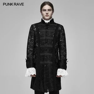 Мужское прозрачное жаккардовое длинное пальто в стиле панк, Готическая кружевная сетчатая ткань в стиле ретро, вечерние длинные куртки с воротником-стойкой