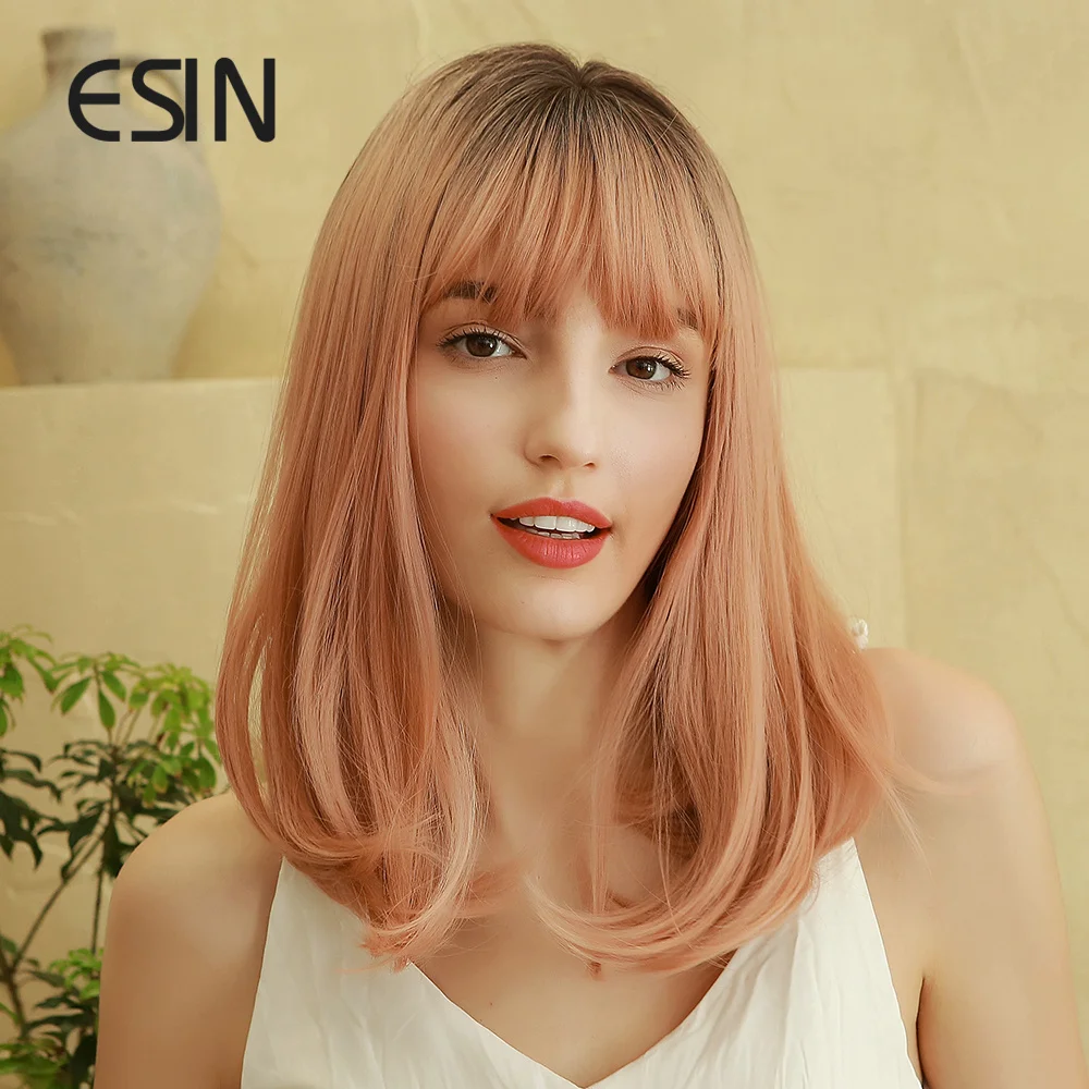ESIN темно коричневый омбер Розовый средней длины прямой парик с челкой