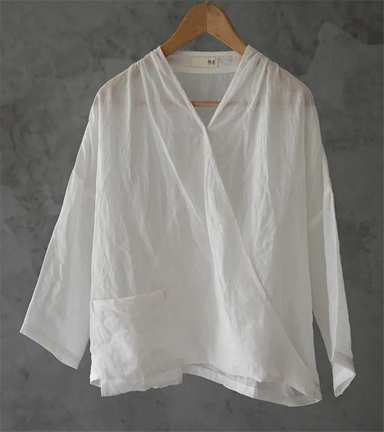 

Original Chinese style fine ramie clear diagonal shirt women's loose and thin white short 7-point sleeve top