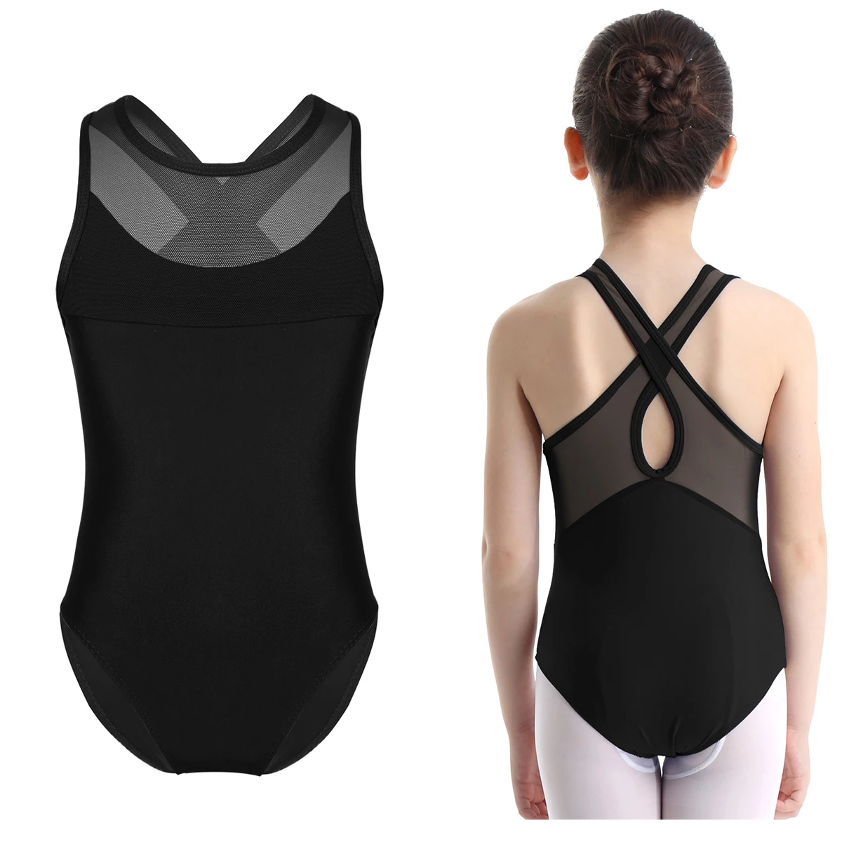 

4-12Years Child Kids Girls Sleeveless Mesh Splice Criss Cross Back Ballet Dance Wear Gymnastic Leotard Bodysuit Costume Jumpsuit