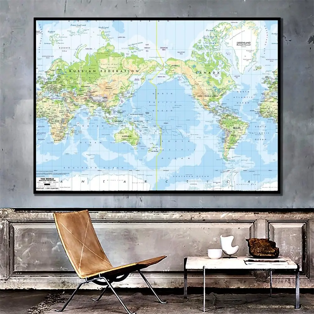 

A2 Size The World Map Mercator Projection Fine Canvas Waterproof Wall Map For School Office Classroom Wall Decor