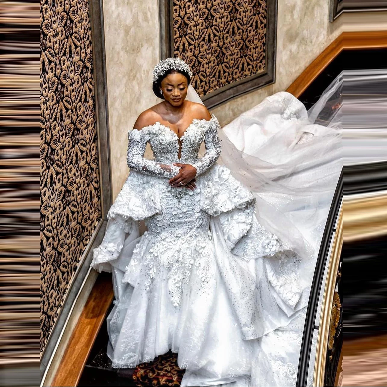 

Luxury Bellanaija Wedding Dresses Long Sleeves Extra Puffy Beaded Custom Made Aso Ebi Bridal Wedding Gowns Plus Size Cap Sleeve
