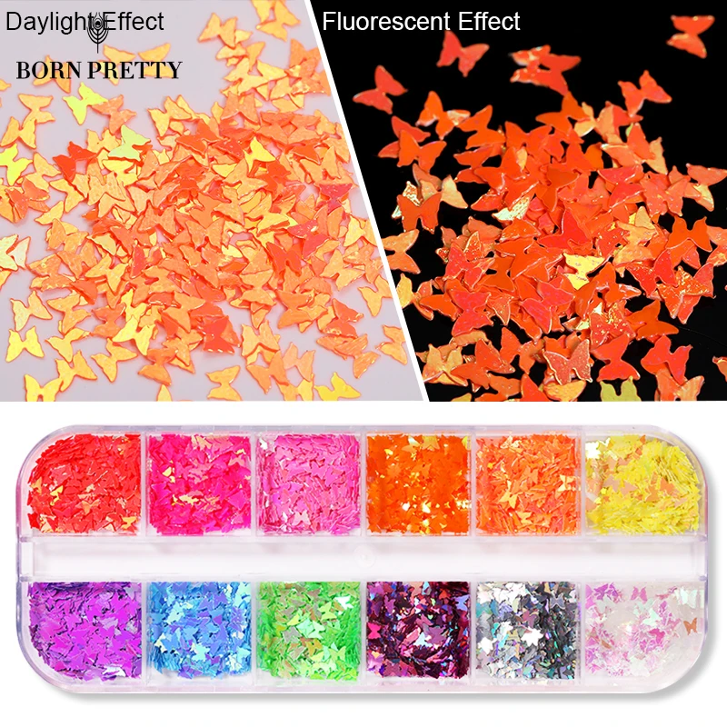 1 коробка для дизайна ногтей флуоресцентные хлопья голографические бабочки