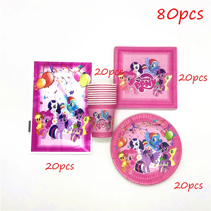 BeiPanLiZhi-80pcs 61 шт./лот, одноразовые столовые приборы в стиле My Little Pony, кружки, тарелки, салфетки, детские скатерти для украшения дня рождения - Цвет: BeiPanLiZhi-80pcs
