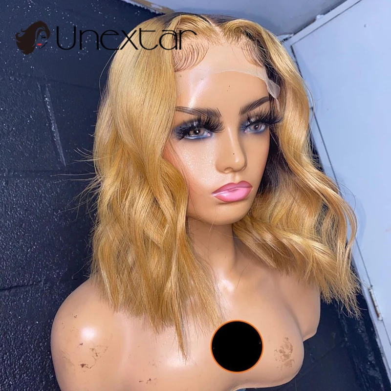 

Ombre Color Bob Lace Part Human Hair Wigs Blond Ombre Short Bob Wavy Brazilian Remy Hair Lace Wigs 180% Preplucked for women