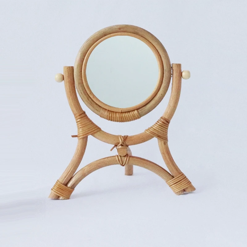 

85LA Hand-Woven Table Makeup Mirror with Stand Rack Natural Rattan Dressing Retro Desktop Mirror Vertical Flip Handmade Round
