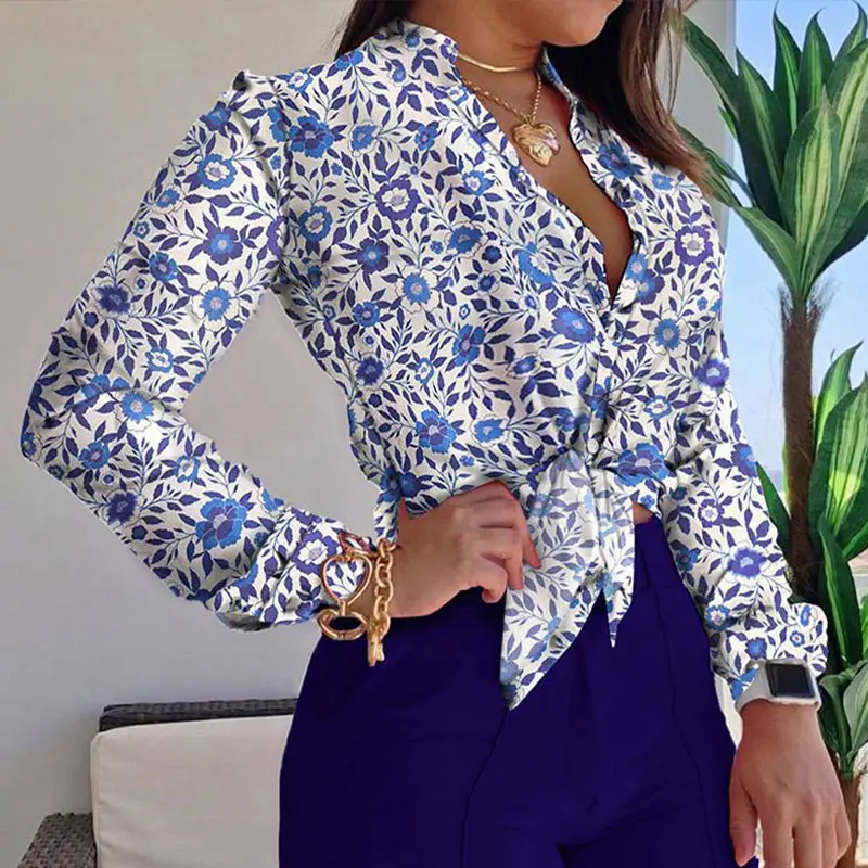 

2021 Long Sleeve Lace Up Print Women Shirts Autumn Black Deep V-Neck Loose Female Short Shirt Spring New Vintage