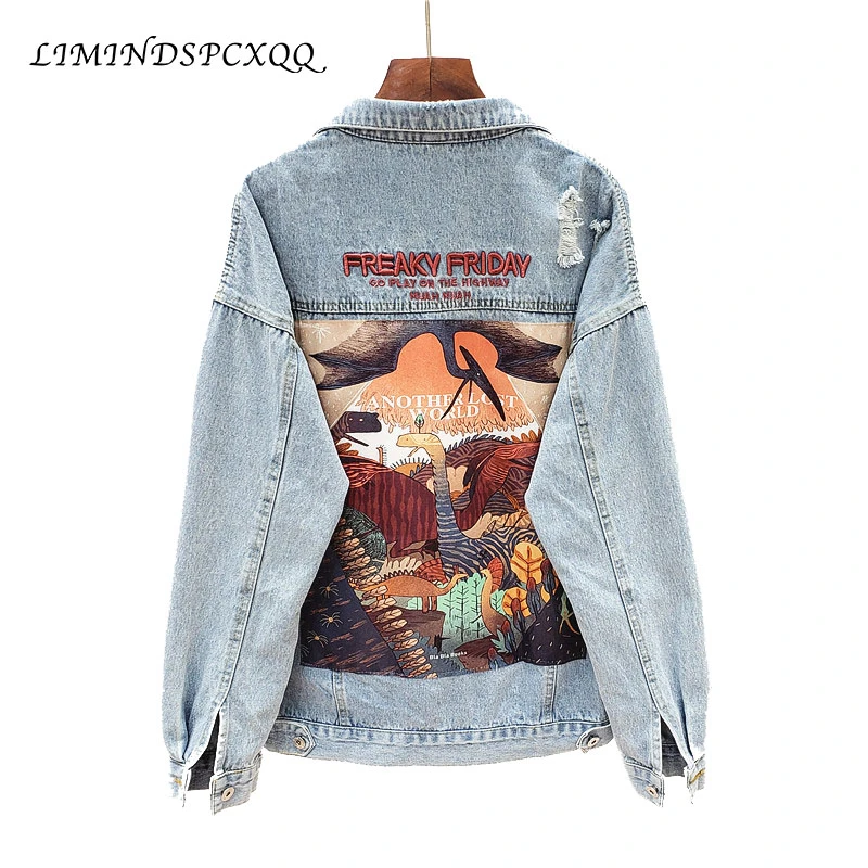 

2021 New Autumn Funny Cartoon Print Long Sleeve Denim Jacket Women Vintage Streetwear Punk Style Jean Jacket casaco feminino