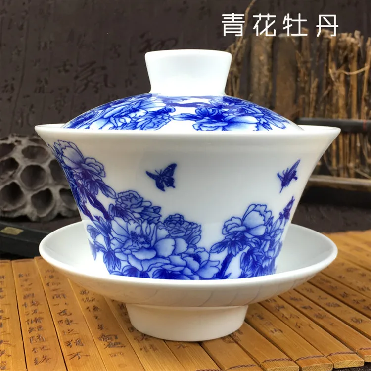 Peony 1 Фарфоровая чаша Gaiwan Jingdezhen, 200 мл, покрытая синим и белым фарфором, миска Sancai, набор китайских чайных чашек и блюдца, чайная супница - Цвет: Peony 1