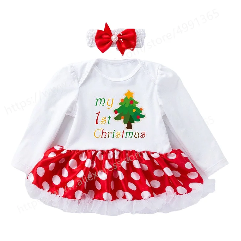 

Xmas Baby Clothing New Baby Princess Girls Dress Christening Lace Christmas Party Kids Formal Clothes+ Headband