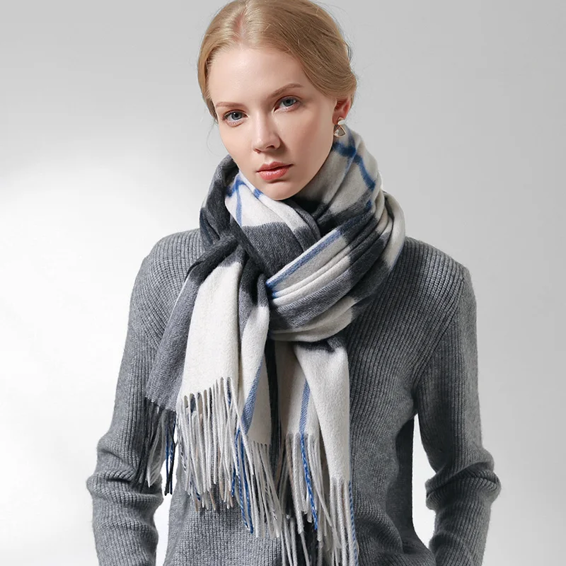 Зимний шарф из 100% шерсти женские плотные теплые шали и палантины клетчатые шарфы