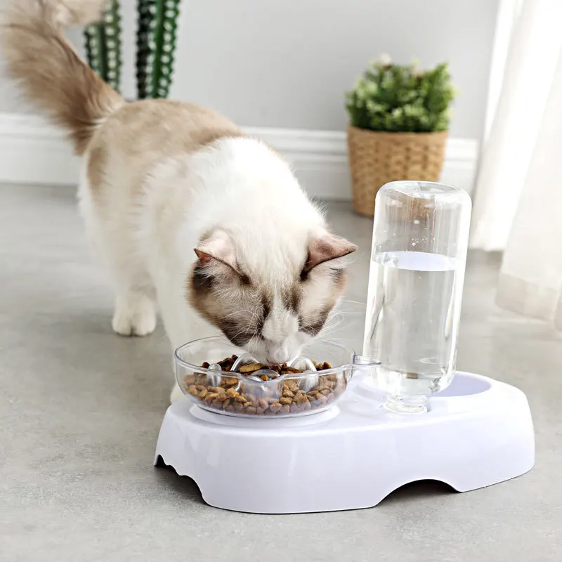 

Pet Food Storage Double Bowl Transparent Plastic Feeding Drinking Bowl Cat and Dog Food Bowl with Water Bottle Cat Ears Feeder