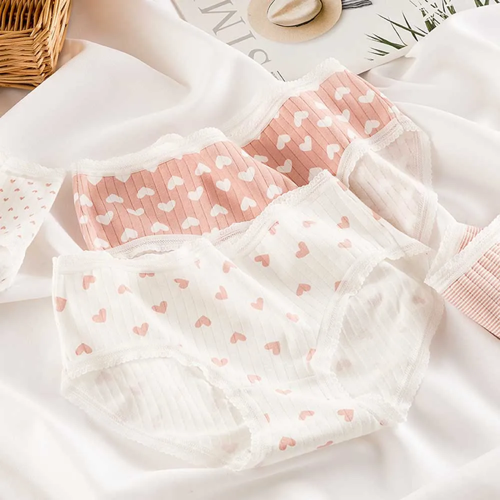 Трусики женские из дышащего хлопка с принтом в виде сердечек WDC5973 | Женская одежда