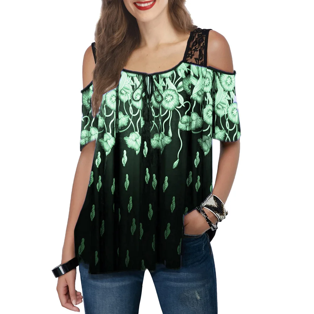 

2021 Foreign Trade Women's Clothing Lace Top with Narrow Straps Popular Short-Sleeved Printed T-shirt for Women
