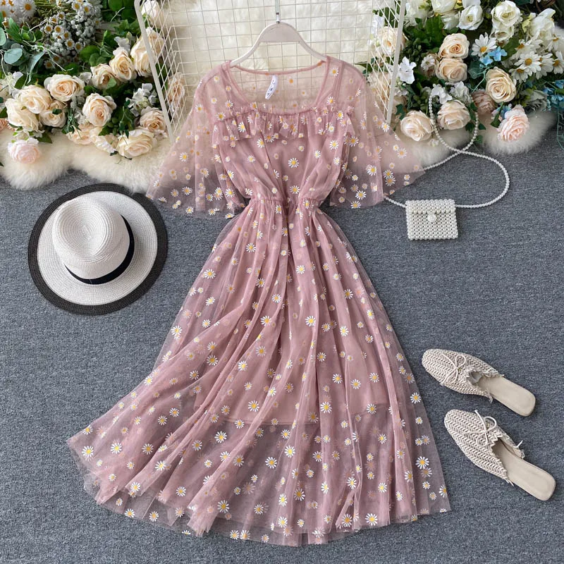 

Fairy Chic Gentle Wind Dress Female 2020 New Style Sweet Daisy Printed Mesh Midi Floral Dress