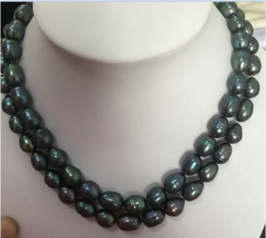 2 rows9-10mm natural tahitian peacock green pearl necklace 18inch19inch | Украшения и аксессуары