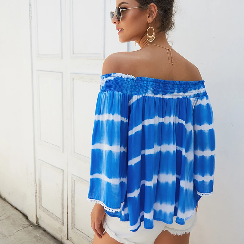 Женская блузка с открытыми плечами и вырезом лодочкой в полоску|Блузки| |