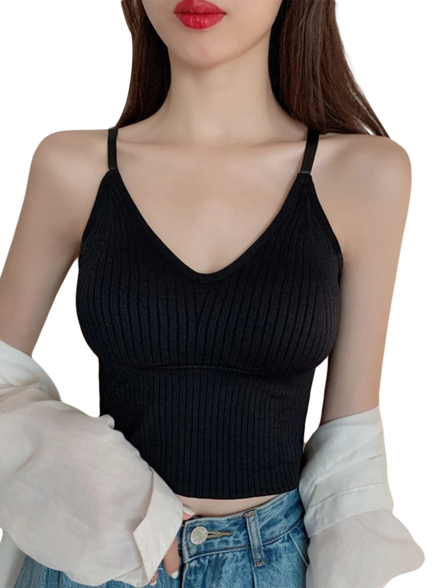 

2021 Women's Sexy V-neck Women's Top with Bottom-Padded Pit and Striped Halter Vest Fashion Solid Color Backless Halter Top