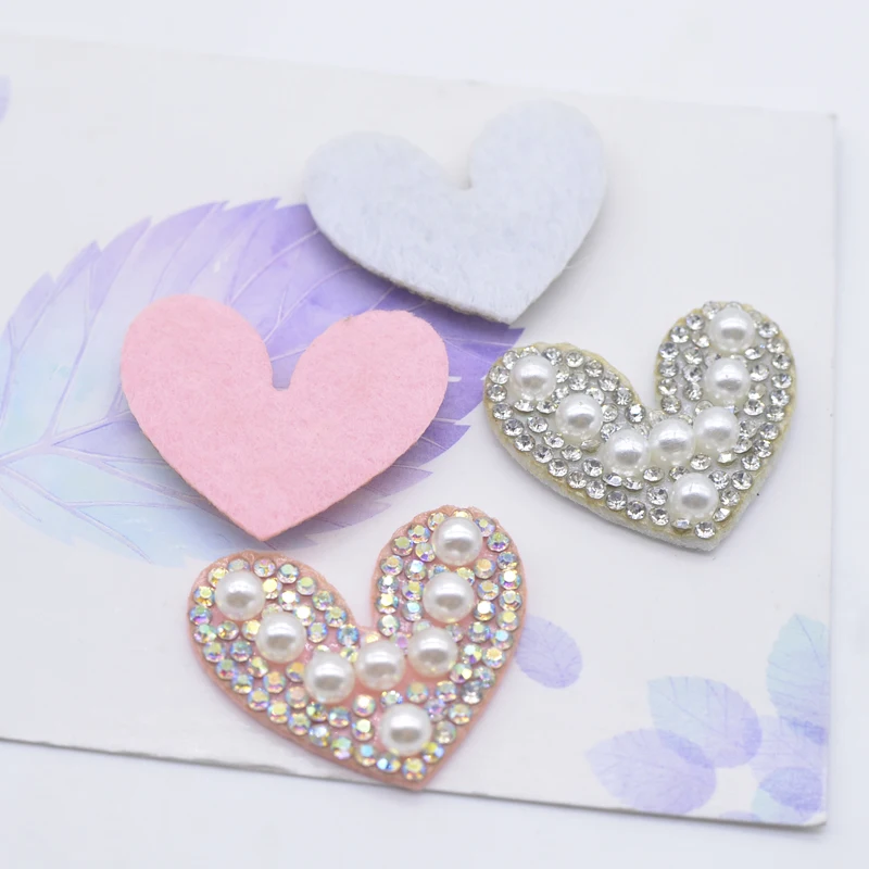 

10Pcs/lots 35mm Pearl Rhinestone Heart Scrapbook Clothing Home Decor Applique Motif Wedding Patch Hairband Accessories Material