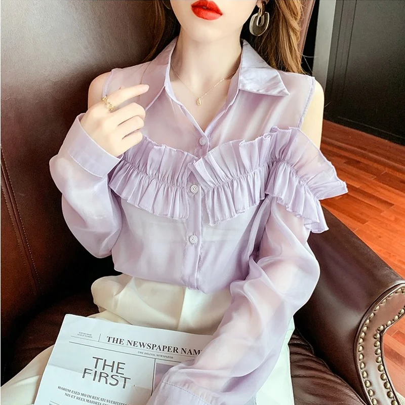 

ZAWAHIKI Korean Elegant Fashion Chiffon Shirt Women Summer Off Shoulder Long Sleeve Edible Tree Fungus Thin Sun Protection Tops