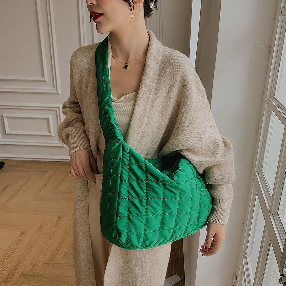 

New Winter Space Cotton Bag For Women 2021 Plaid Pattern Handbag Female Large Capacity Tote Bags Feather Padded Travel Bags