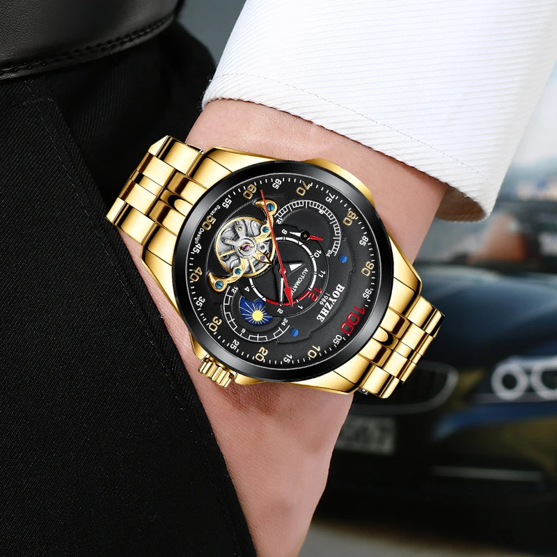 Часы BOYZHE Мужские механические золотистые полностью стальные спортивные с