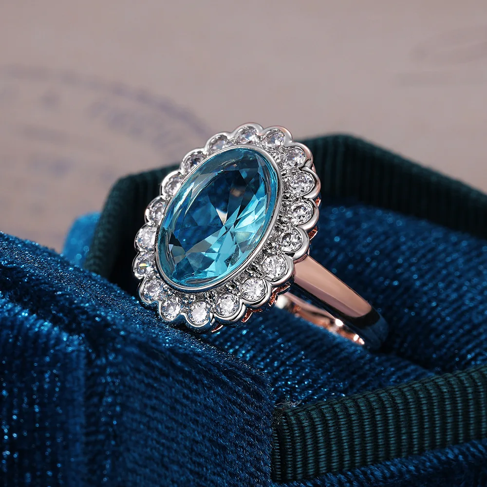 

Trendy Female Aqua Blue Crystal Ring Charm Rose Gold Color Wedding Rings For Women Cute Bride Oval Flower Zircon Engagement Ring