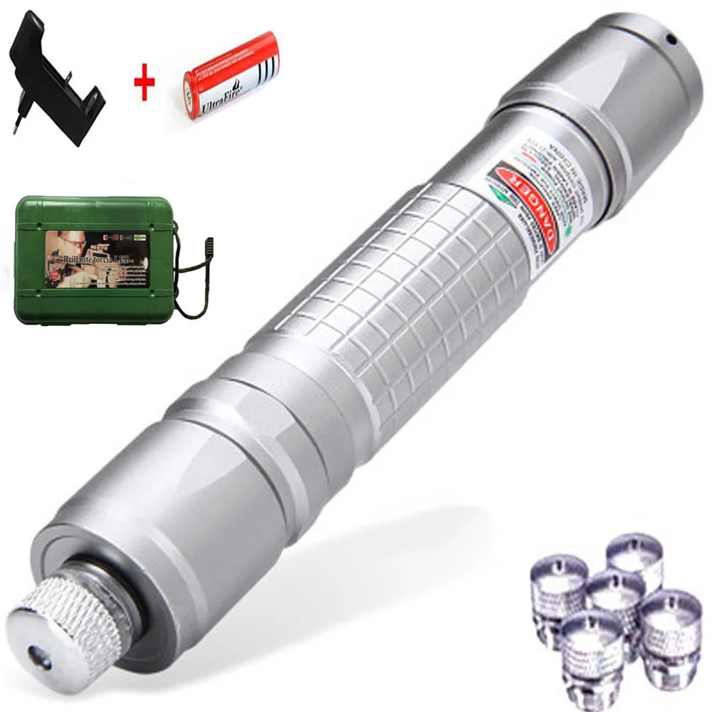 Silver laser D Высокая Мощная зеленая лазерная указка 5 МВт Лазеры прицел лазер ручка горящая спичка с лазерами+ аккумулятор 8650+ зарядное устройство+ коробка - Цвет: Silver laser D